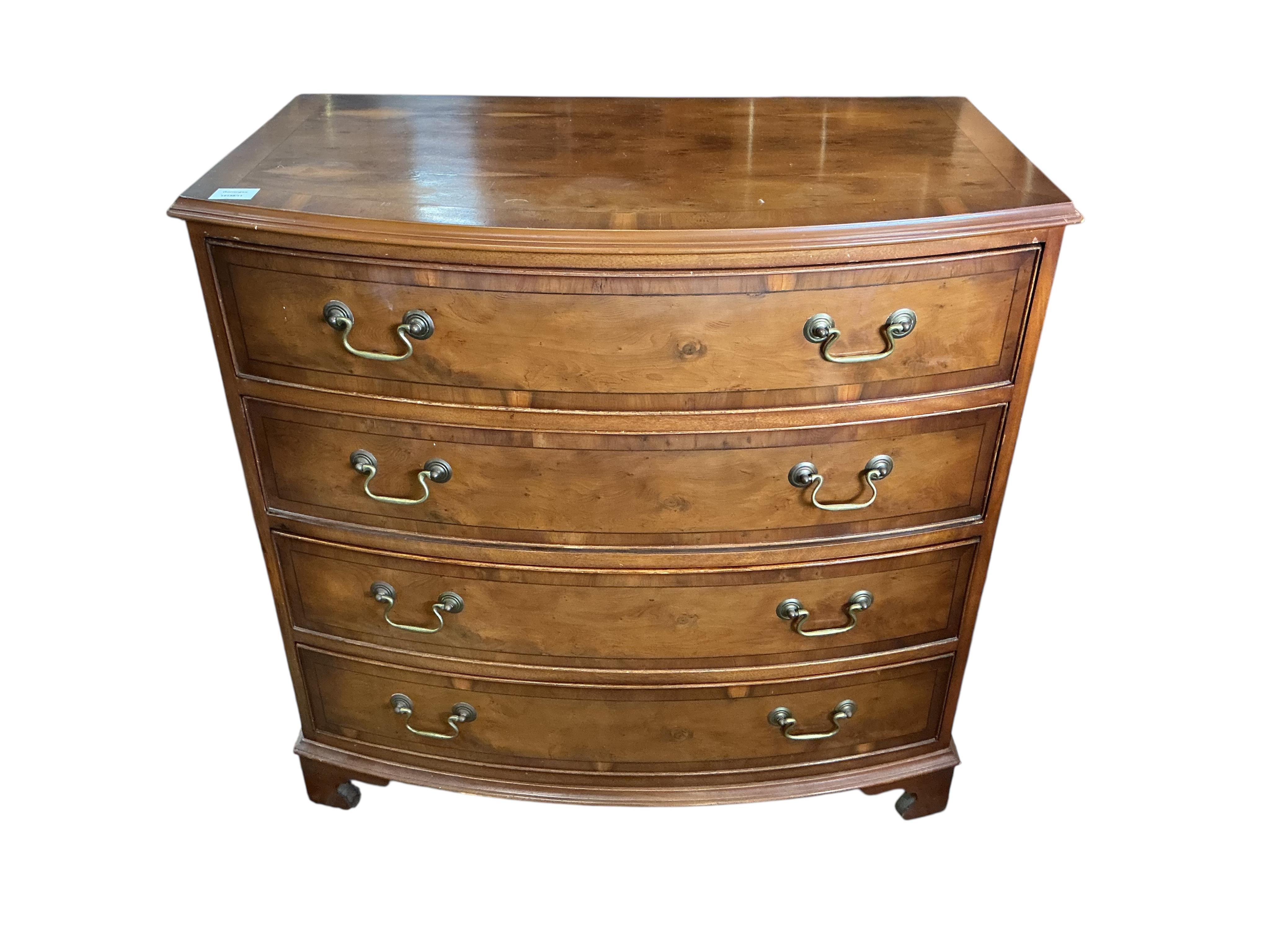 A small reproduction Regency style yew bowfront chest, width 86cm, depth 50cm, height 84cm